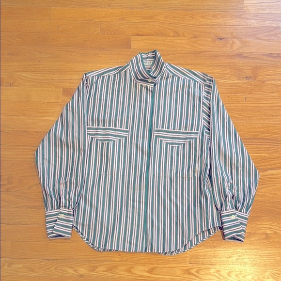 Striped Green and White women’s button down shirt casual top - Picture 1 of 5